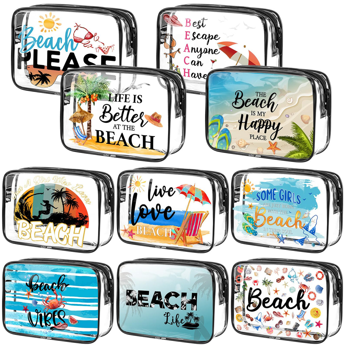 Kacctyen clear makeup bag front view with beach pattern for travel organization.