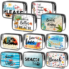Kacctyen clear makeup bag front view with beach pattern for travel organization.