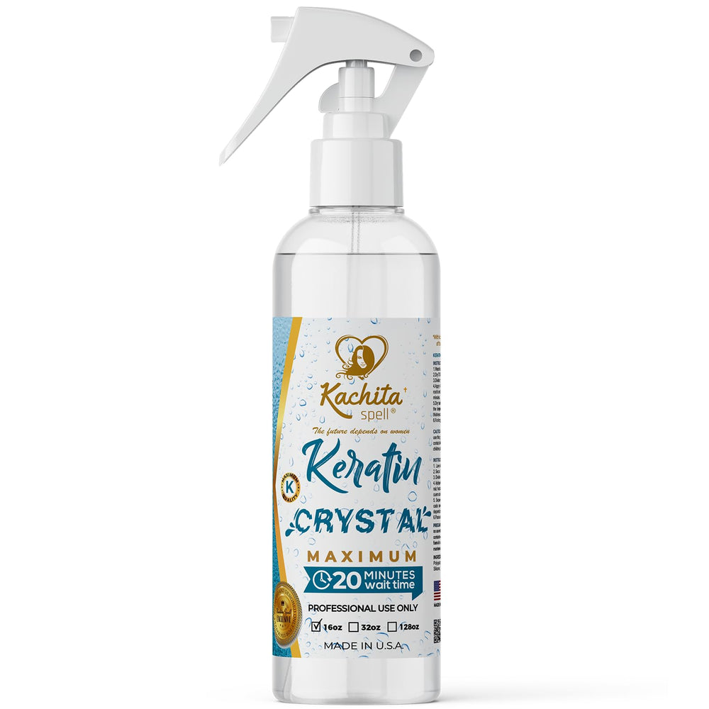 Kachita Spell Keratin Crystal Maximum bottle pour demonstrates easy professional application