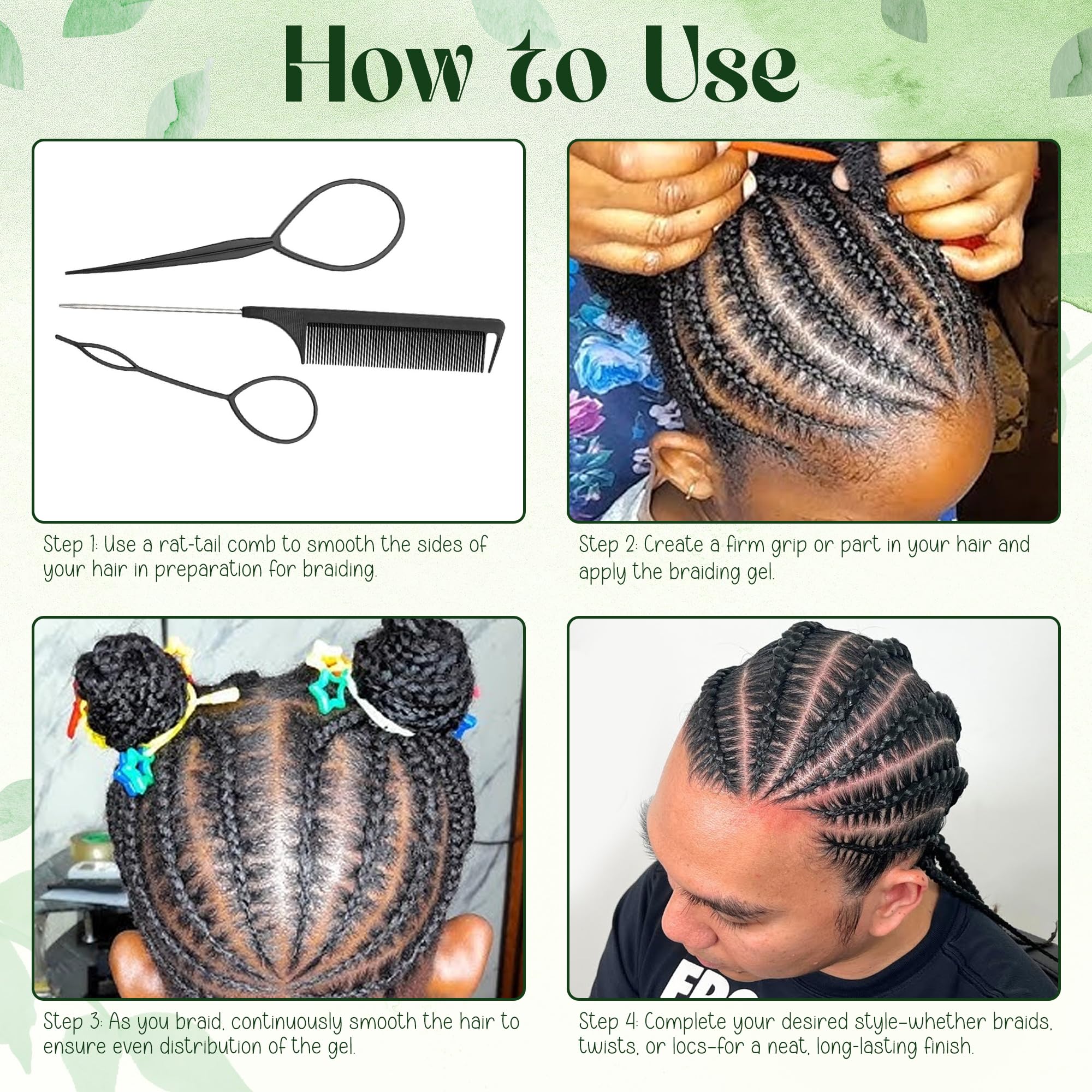KAGA Neatbraid gel dries clear with no white residue.