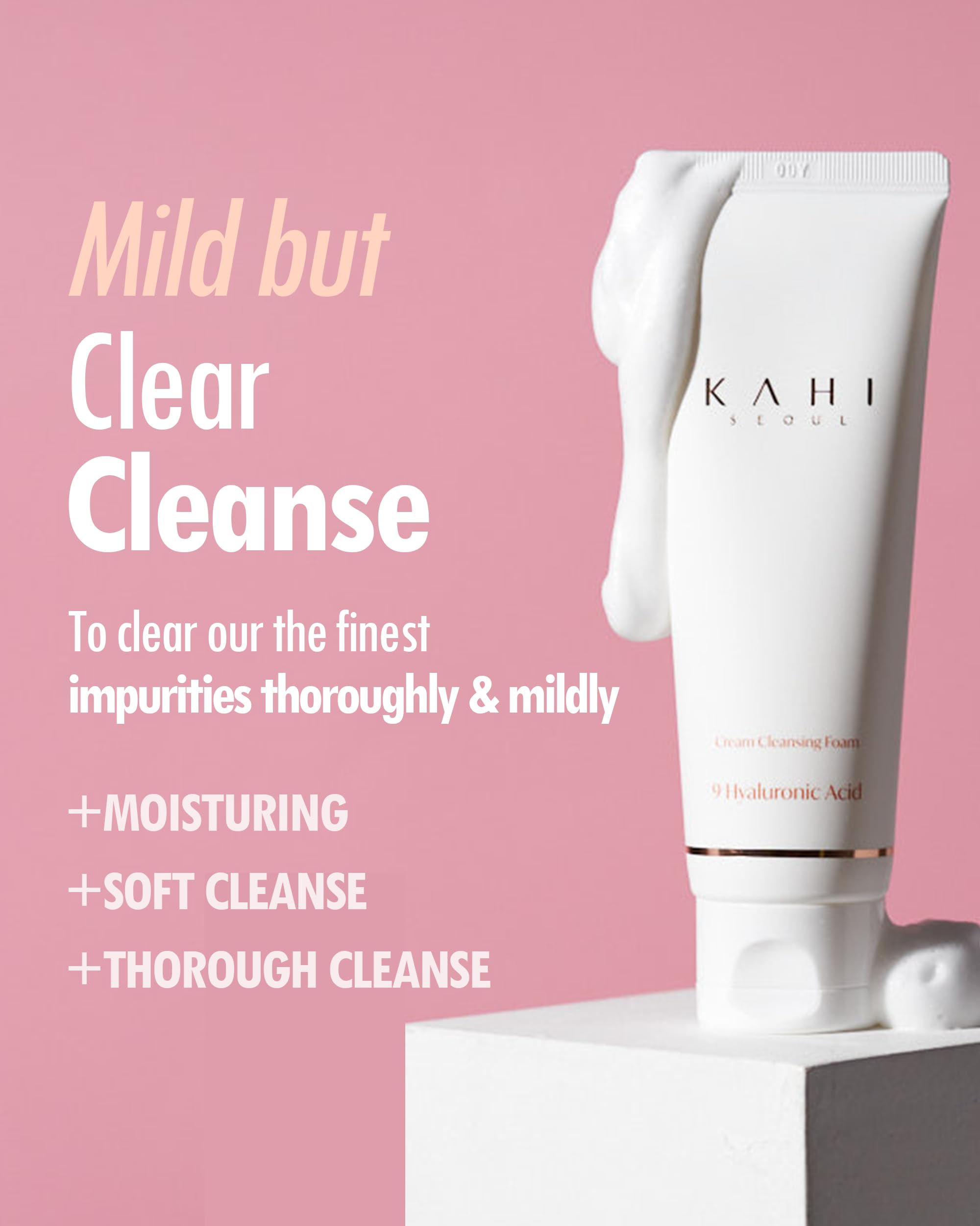 KAHI Cream Foaming Cleanser foam closeup shows whipped-cream texture for gentle cleansing.