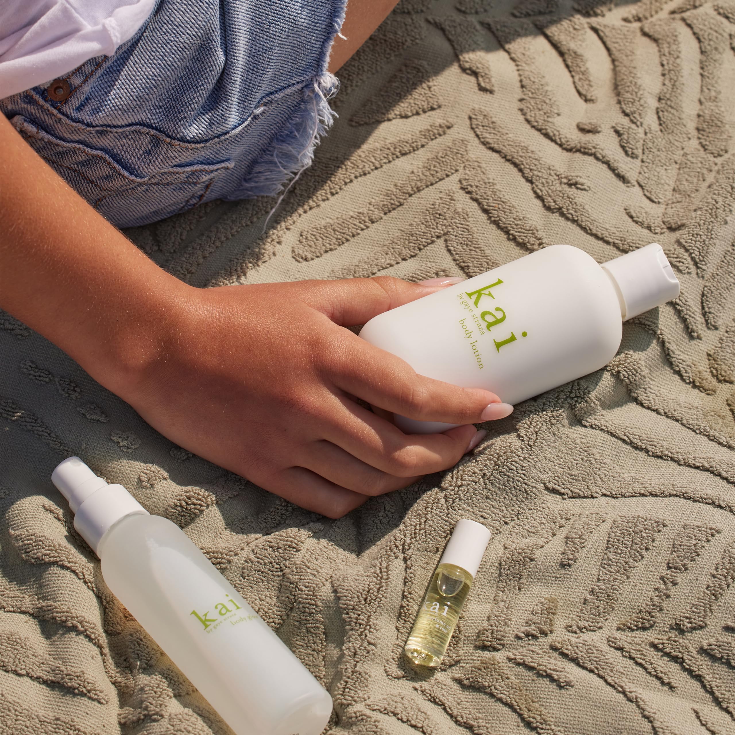 Kai body lotion ingredients panel highlights vitamins A, C, E with cucumber, ivy, comfrey, elderflower.
