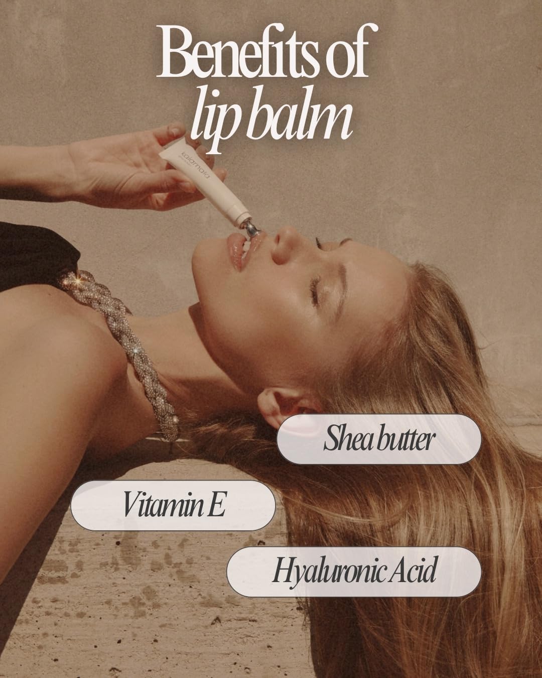 Kaiamala lip balm sheer tint highlights a natural-looking lip color.