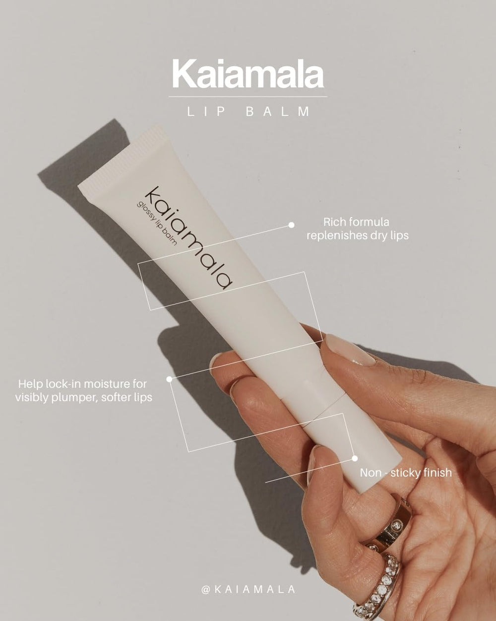 Kaiamala lip balm creates soft lip glow with a glossy finish.