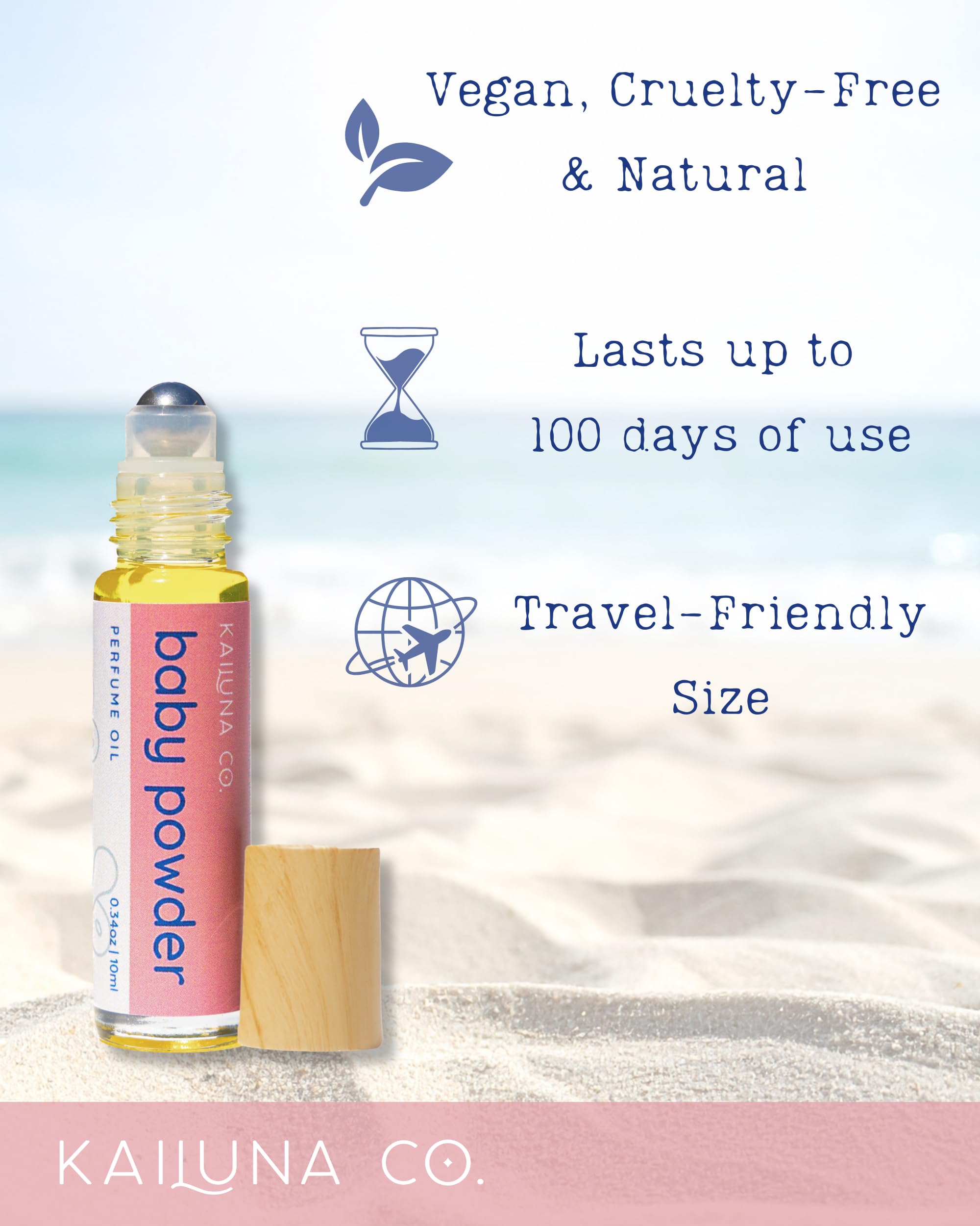 Kailuna Co Baby Powder Roll-On packaging highlights cruelty-free alcohol-free formula
