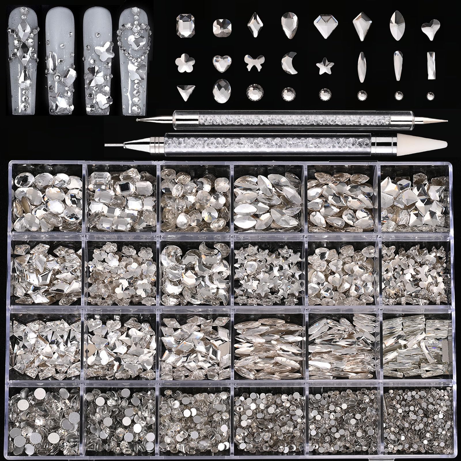 Kaipheiquan 18-types diamond nail rhinestones kit enables precise nail art embellishments