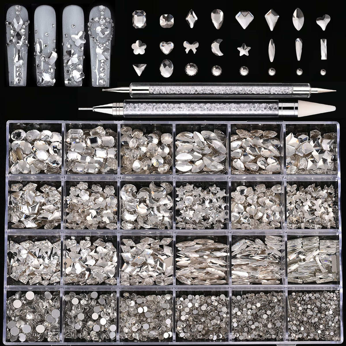 Kaipheiquan 18-types diamond nail rhinestones kit enables precise nail art embellishments