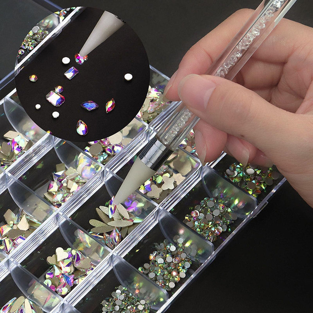Kaipheiquan nail rhinestones kit contents laid out by size for precise DIY nail art.