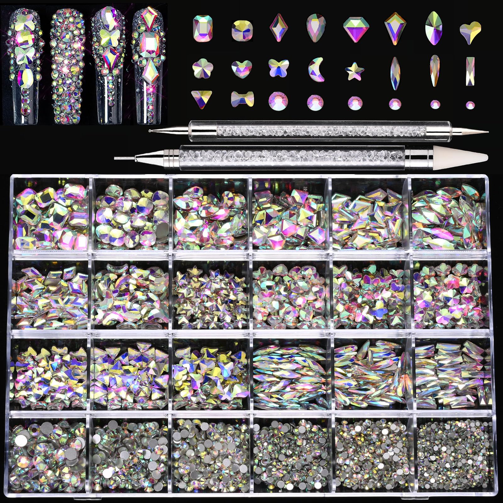 Kaipheiquan nail rhinestones kit packaging displays organized gemstones for quick, mess-free nail design prep.