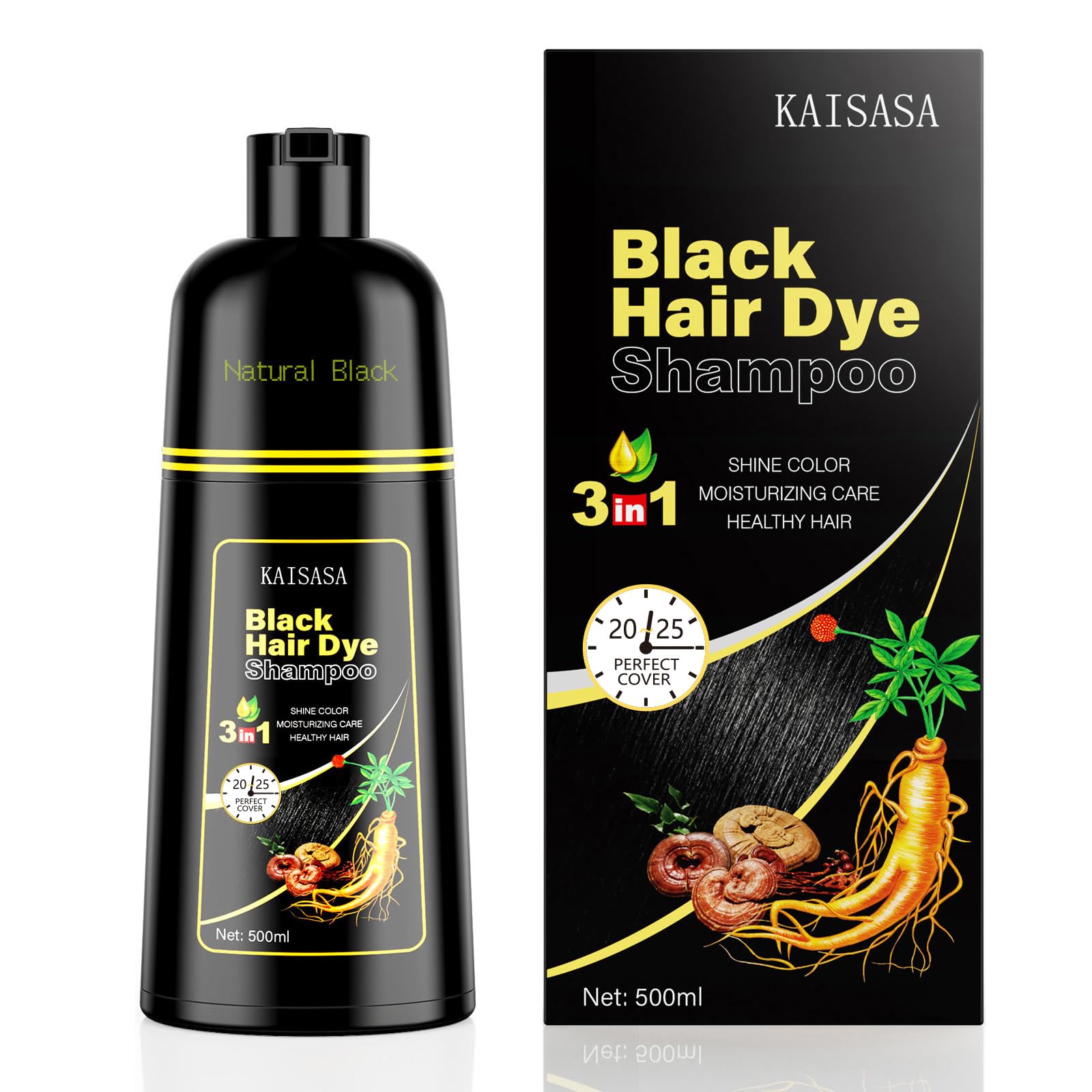 KAISASA Black Hair Dye Shampoo bottle application demonstrates quick 3-in-1 color, cleanse, and conditioning.