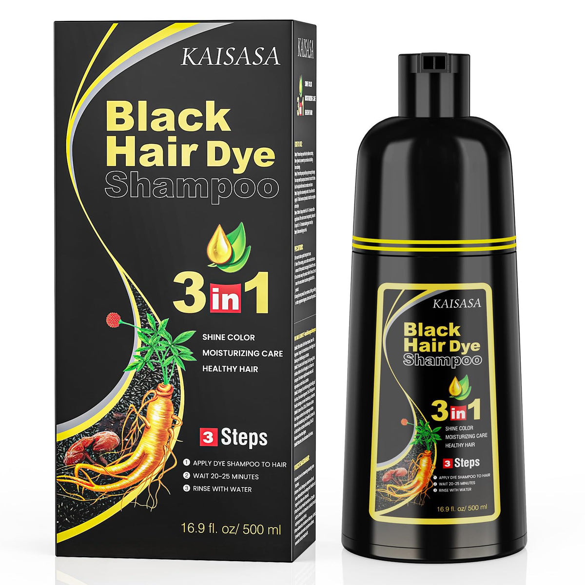KAISASA Black Hair Dye Shampoo bottle demonstrates easy application for gray coverage.