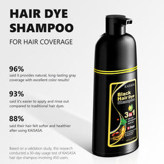 KAISASA Black Hair Dye Shampoo before-after demonstrates gray coverage transformation.