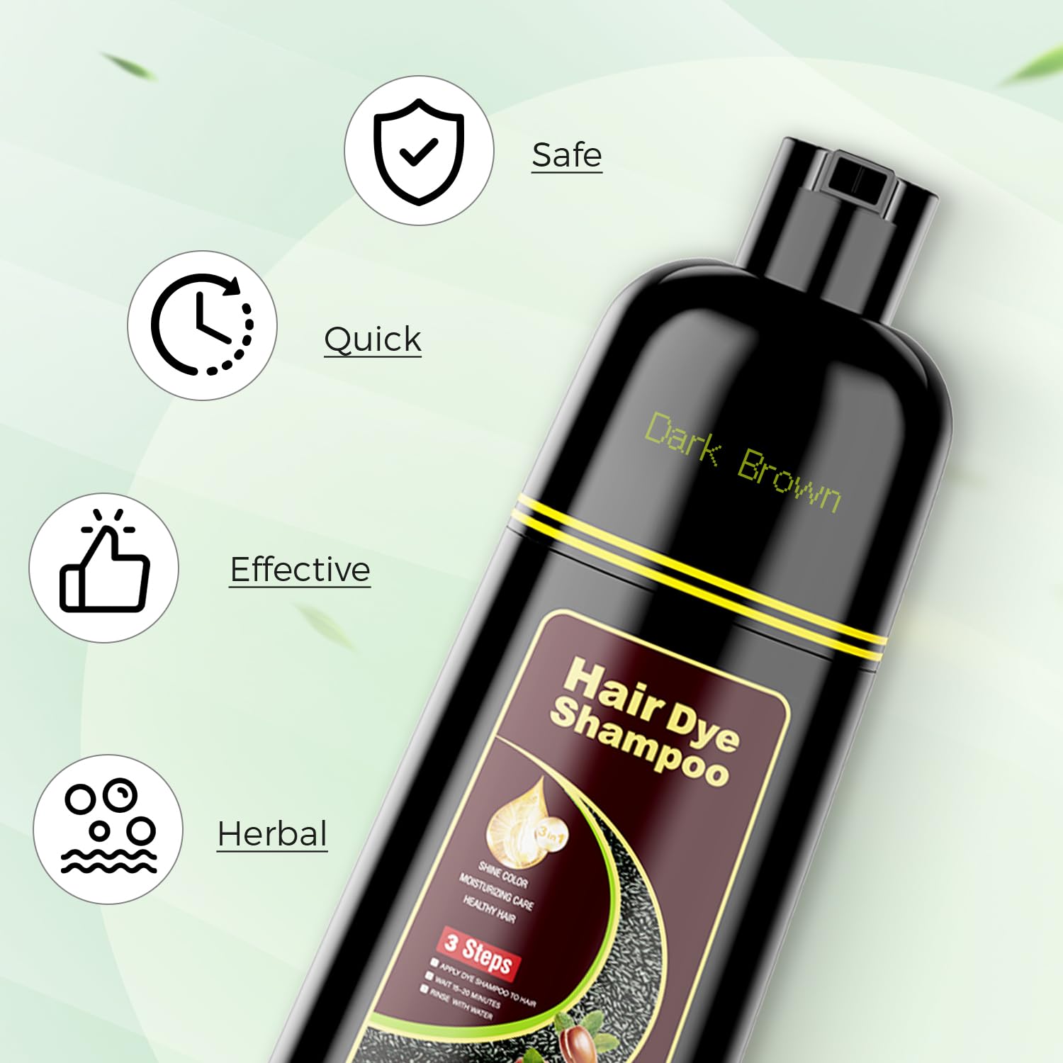KAISASA Dark Brown label close-up communicates 3-in-1 color, cleanse, conditioning benefits.