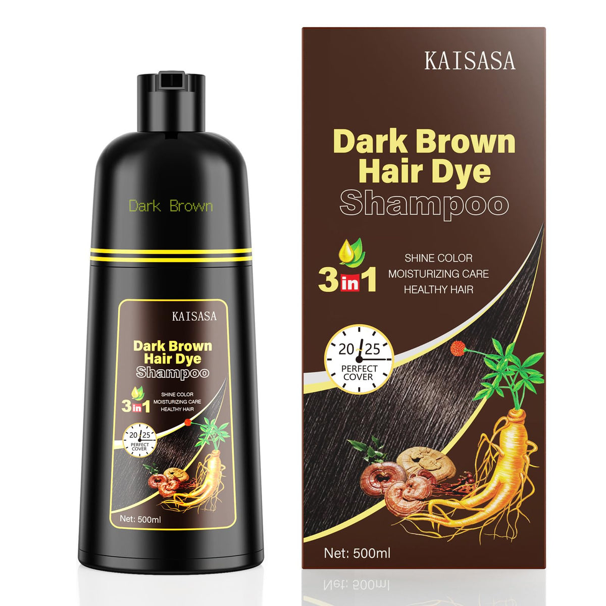 KAISASA Dark Brown Hair Dye Shampoo packaging for at-home salon results.