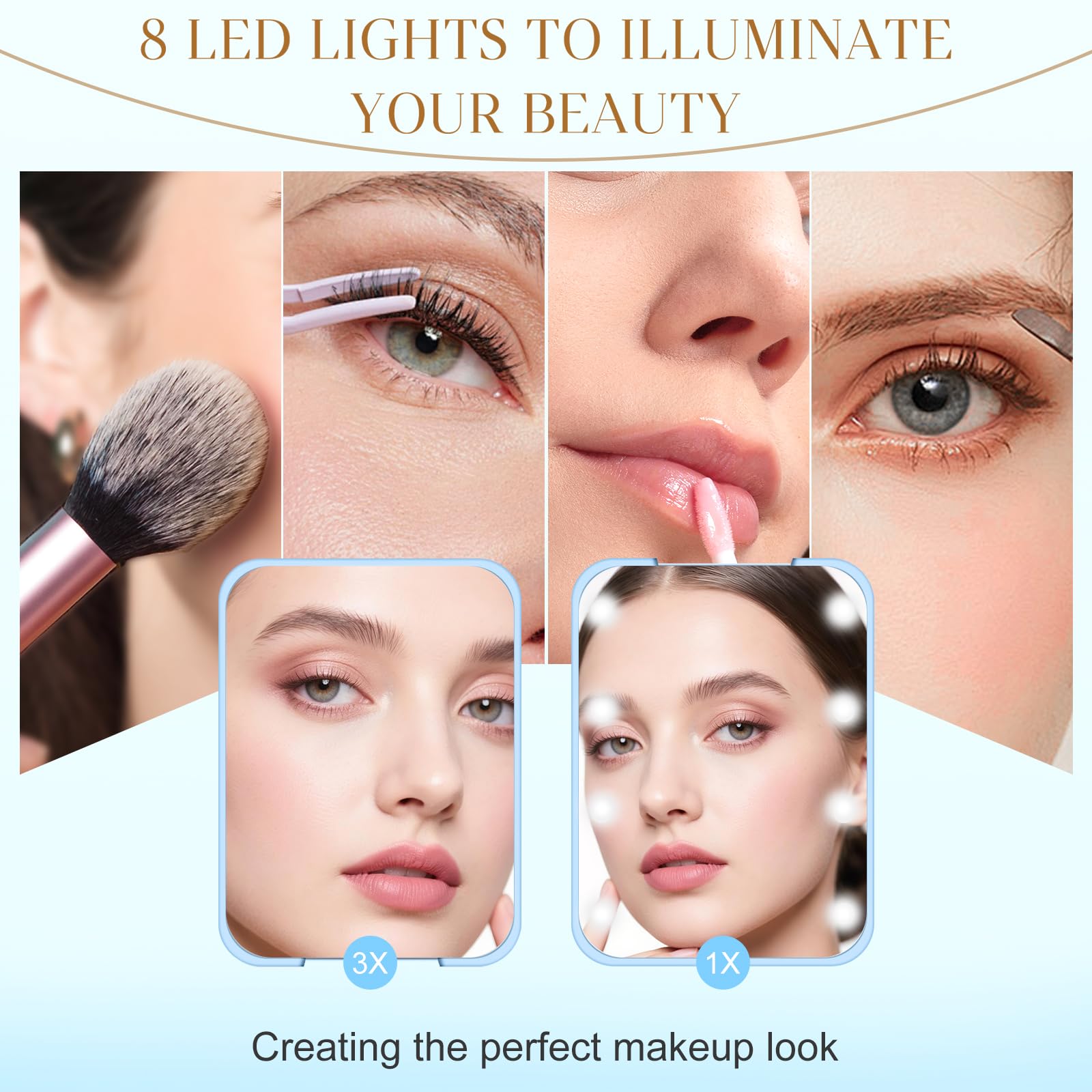 Kakuje compact mirror blue shows 1x/3x magnification for quick makeup checks.