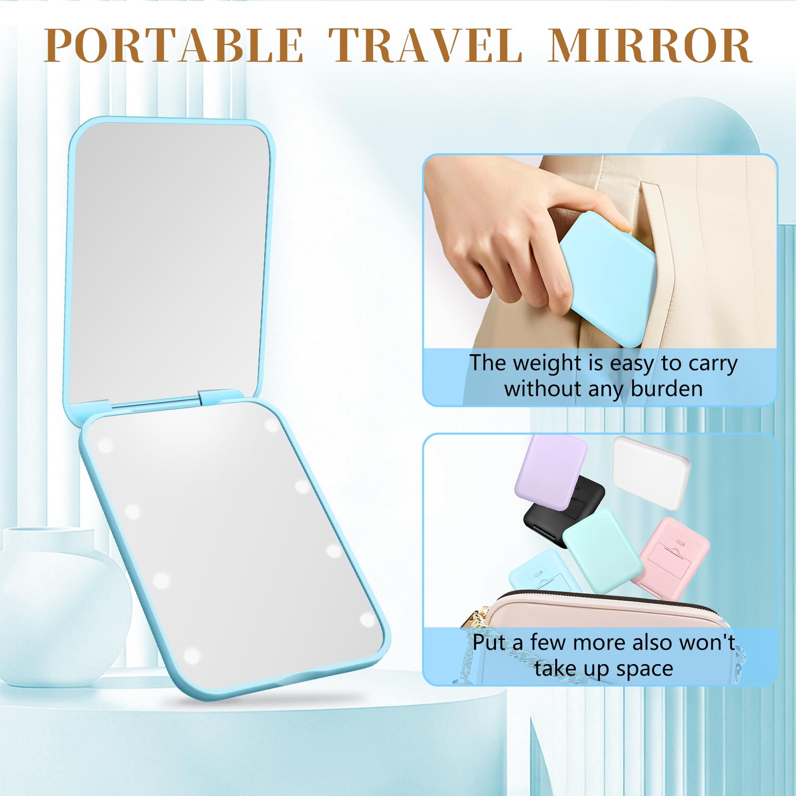 Kakuje mirror with internal battery; cordless use anywhere.