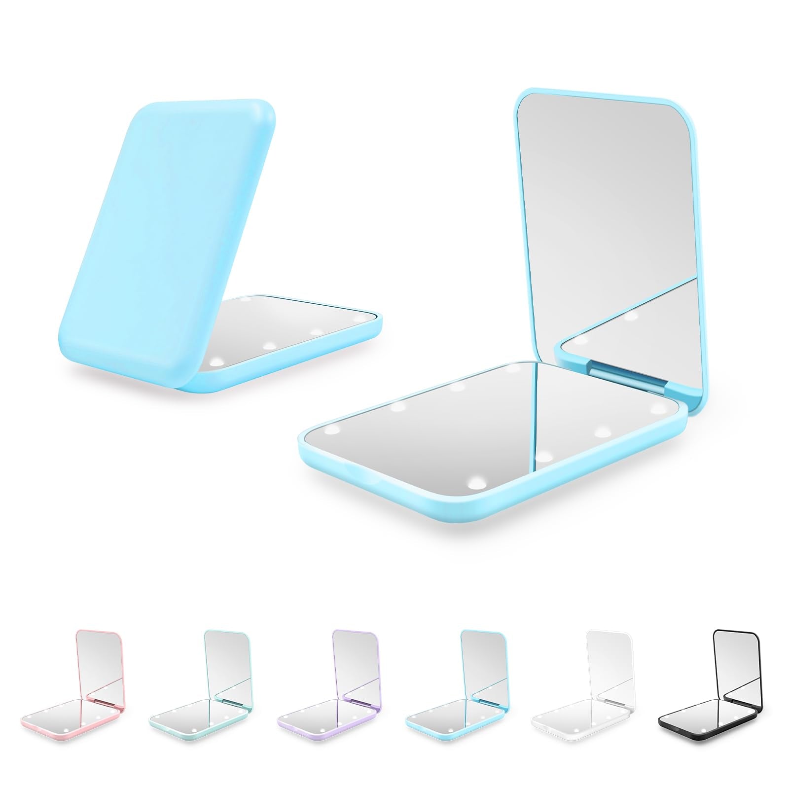 Kakuje compact mirror blue front view; pocket-friendly design for on-the-go touch-ups.