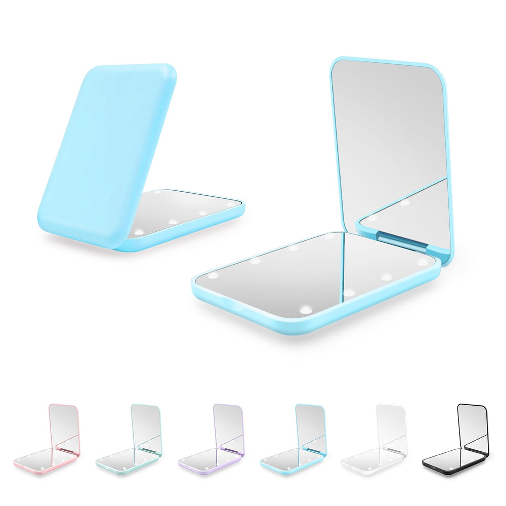 Kakuje compact mirror blue front view; pocket-friendly design for on-the-go touch-ups.