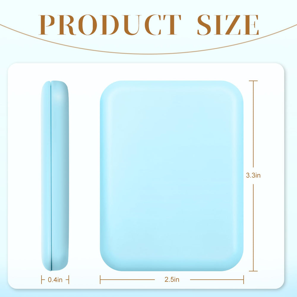 Kakuje compact mirror blue side view; slim profile for purse storage.
