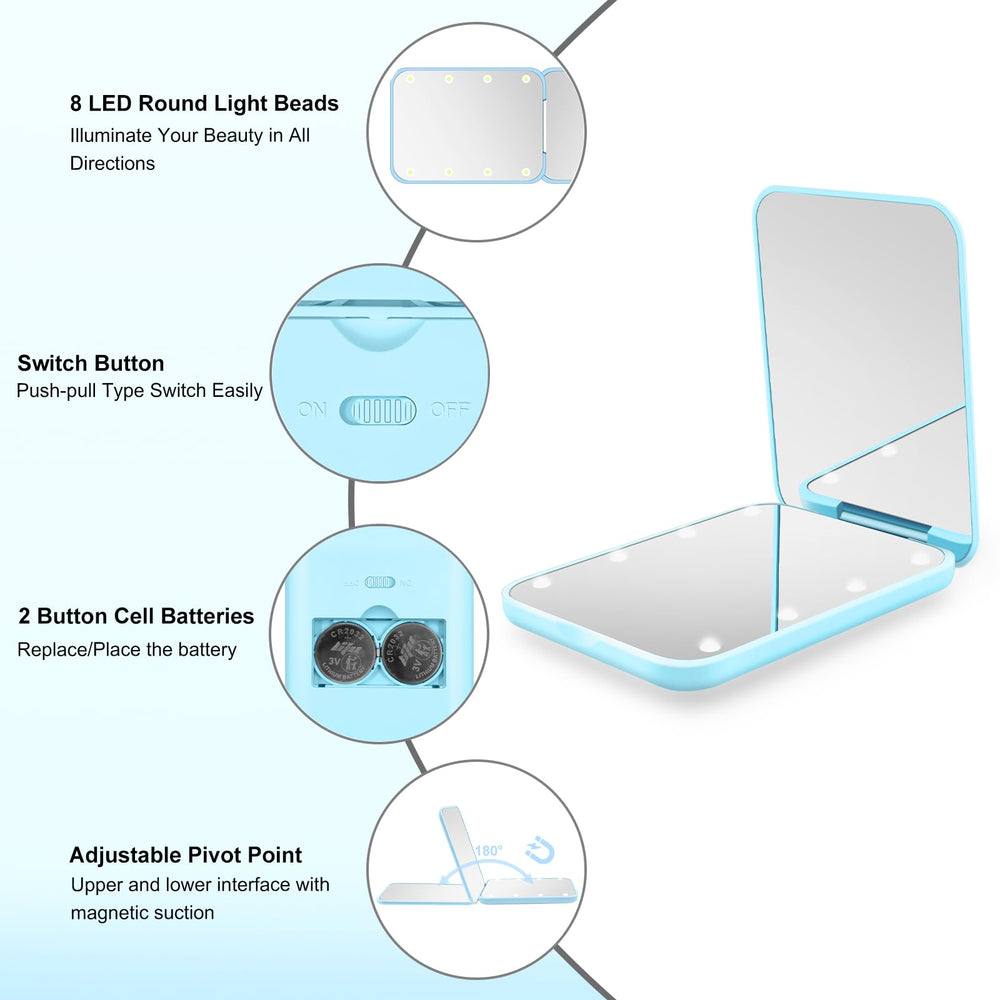Kakuje LED-lit mirror; blue compact design illuminates for precise application.