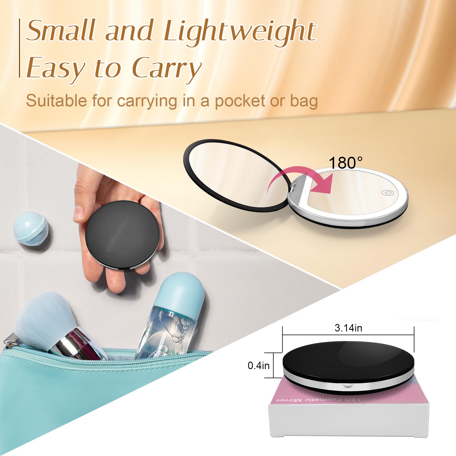 Kakuje compact mirror light in black, stylish and practical gift option.