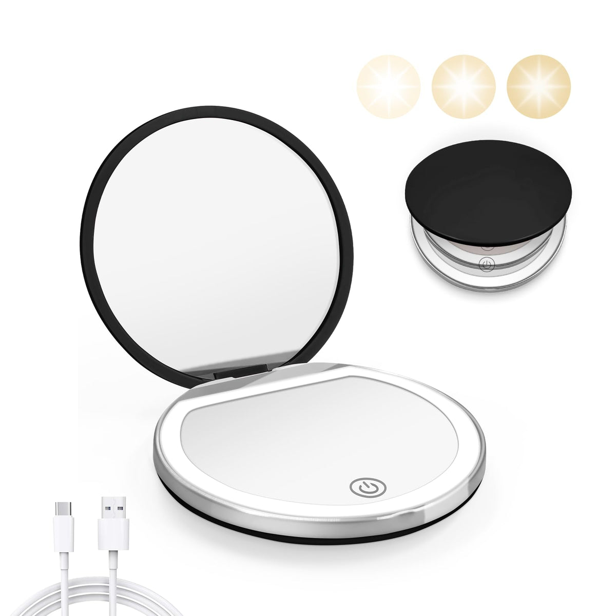 Kakuje compact mirror with light, front view, ideal for on-the-go touch-ups.