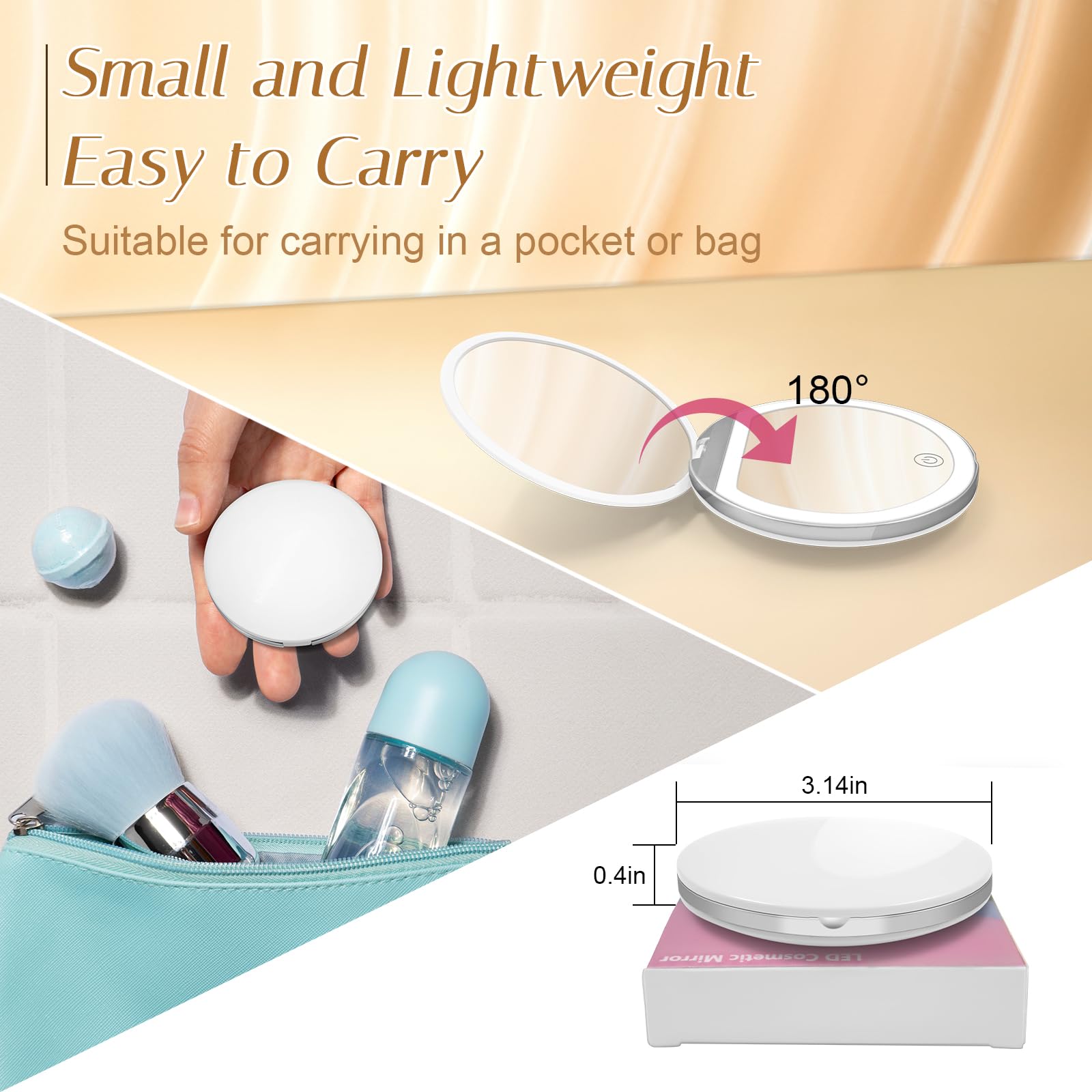 Kakuje lighted pocket mirror with USB power keeps makeup flawless without battery changes.