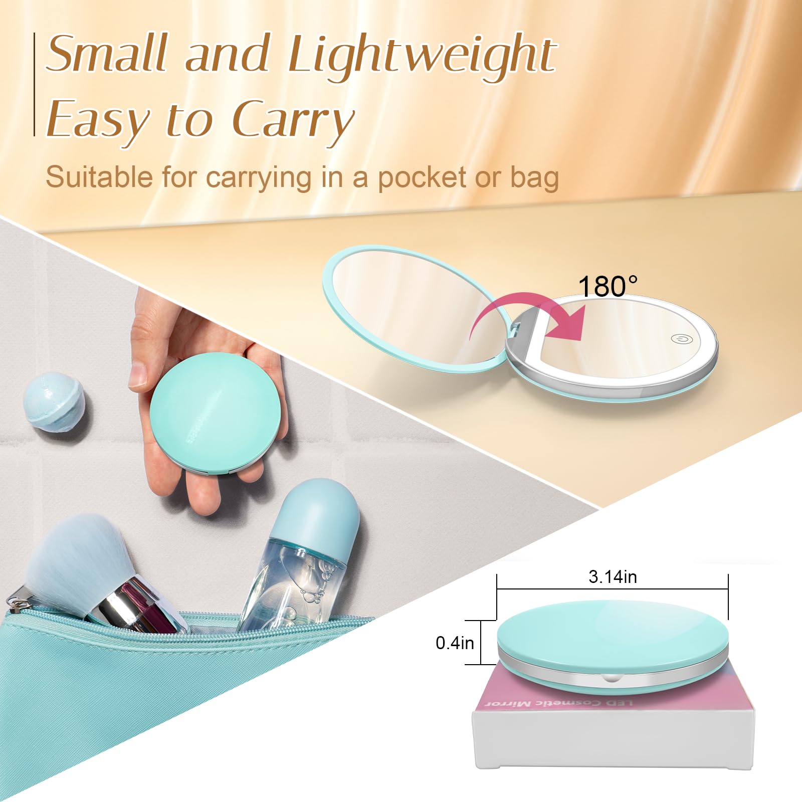 Kakuje Compact Mirror with Light, 3x magnification close-up for precise detail.