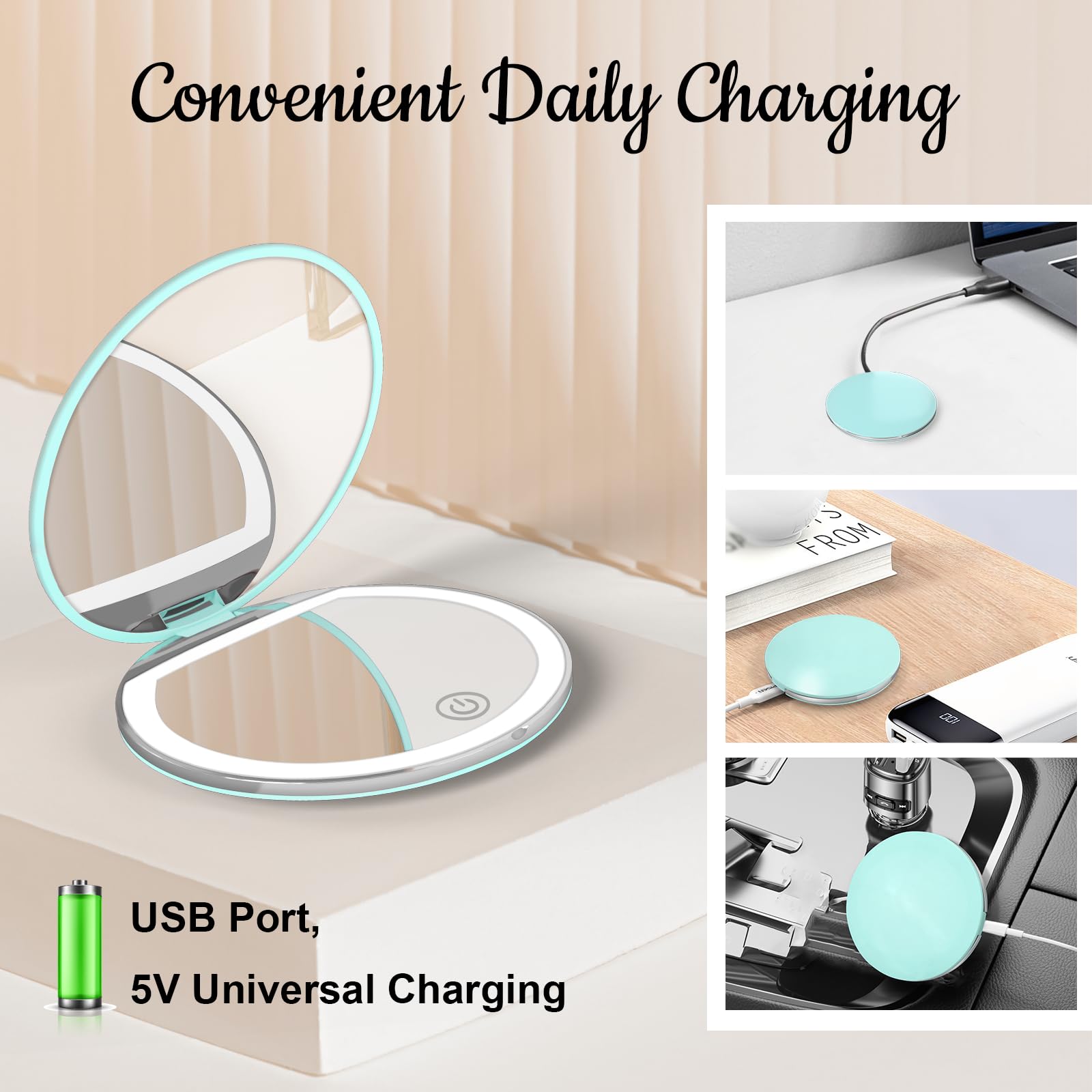 Kakuje mint-green compact mirror adds stylish, gift-ready appeal.