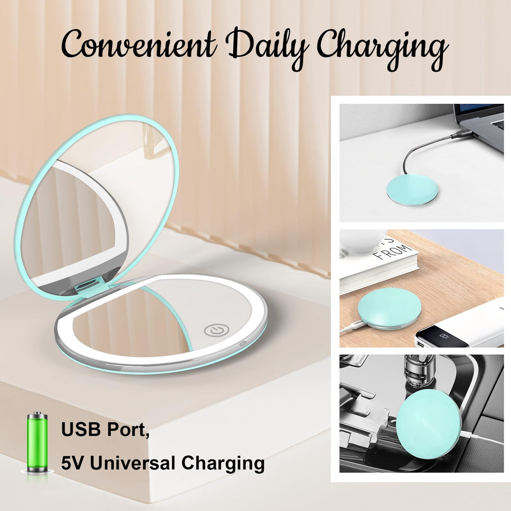 Kakuje mint-green compact mirror adds stylish, gift-ready appeal.