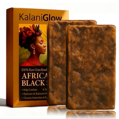 Kalani Glow African Black Soap bar close-up showing natural texture for gentle cleansing.