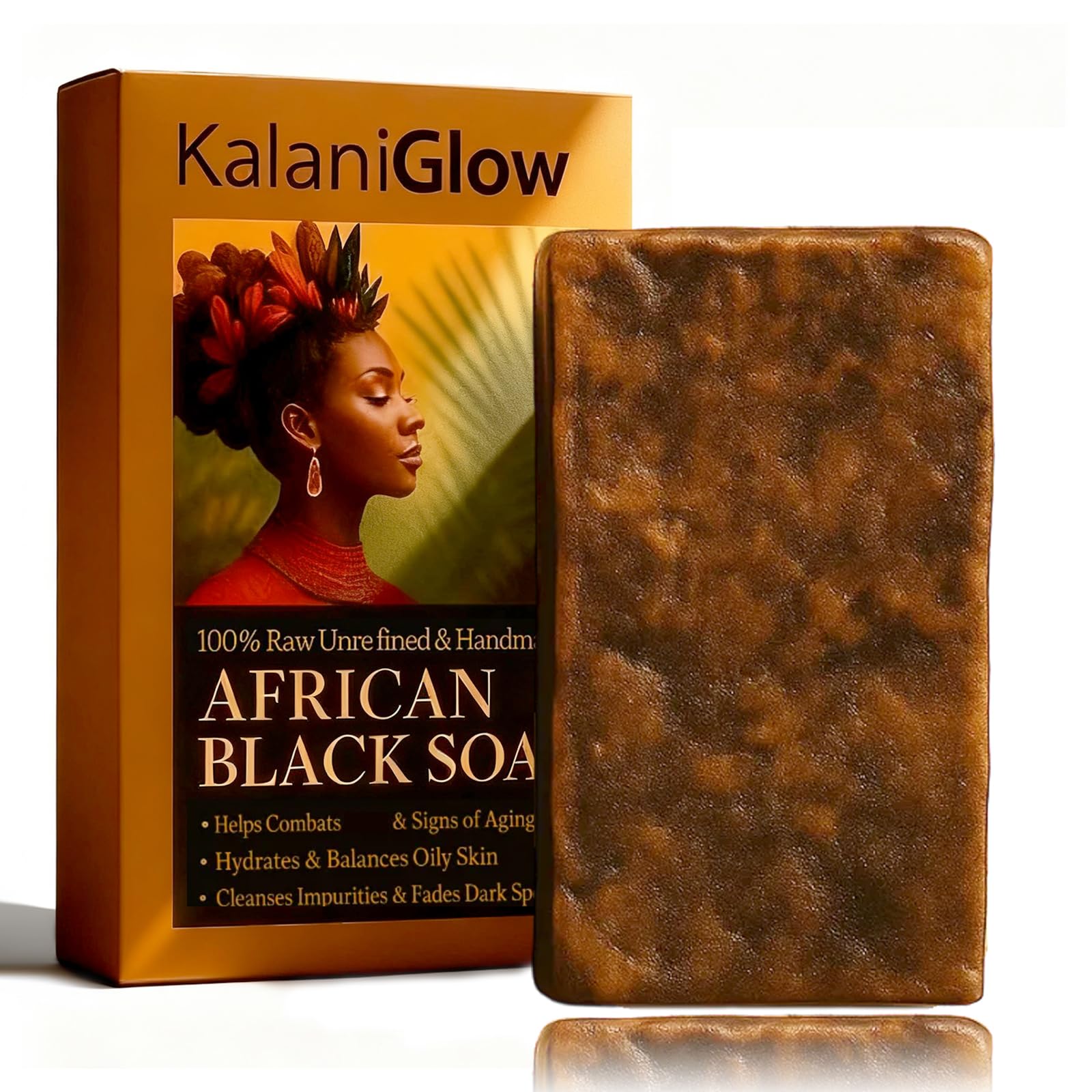 Kalani Glow African Black Soap bar full view shows natural, handmade cleansing for daily use on face and body