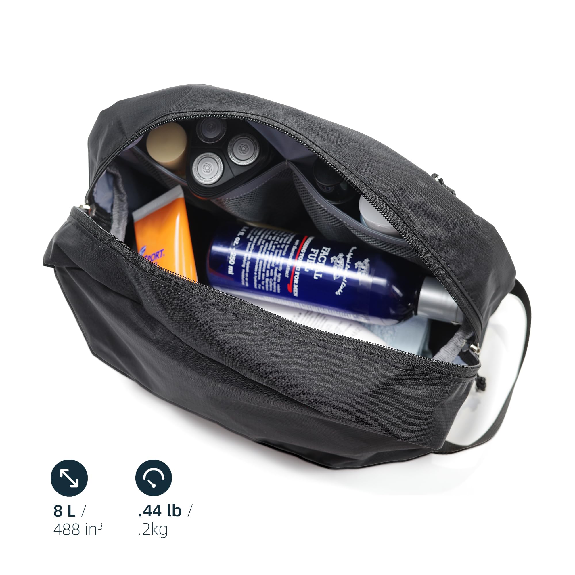 kalgoTeal travel toiletry bag wet/dry pocket demonstrates item separation