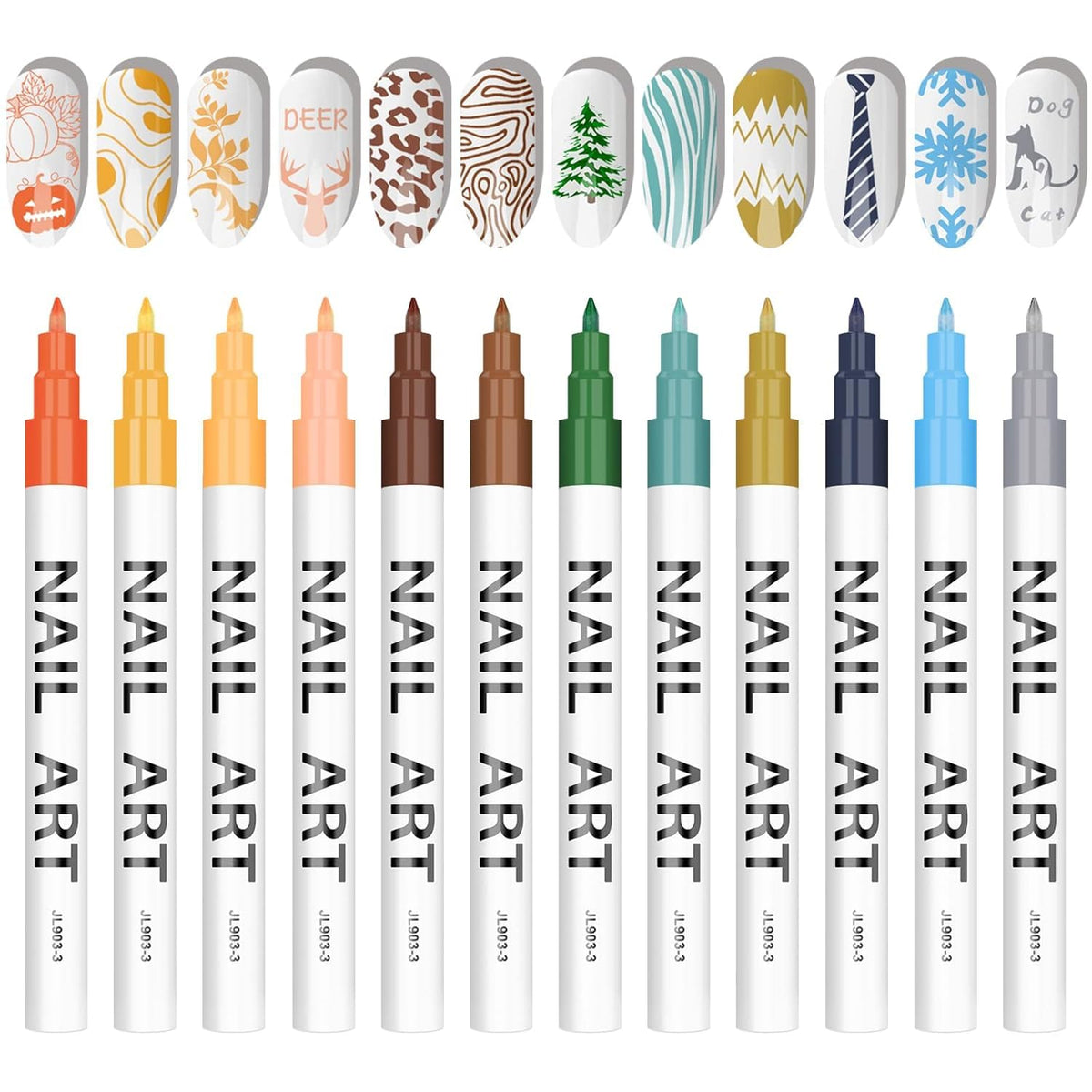 Kalolary 12-color nail art pens set swatches showcasing vibrant color variety for DIY designs