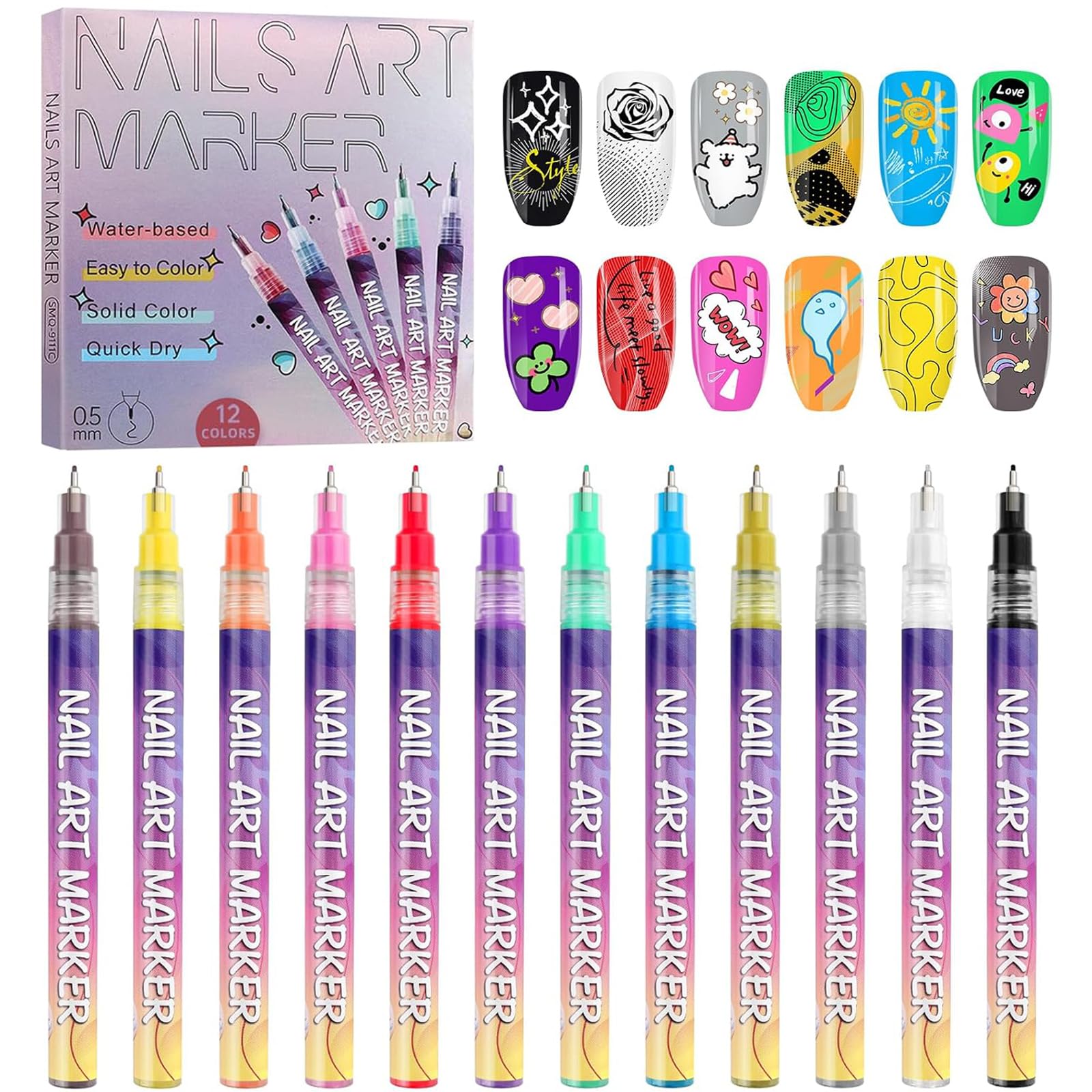 Kalolary 12-color nail art pens set packaging showcases vibrant shades for eye-catching DIY manicures.