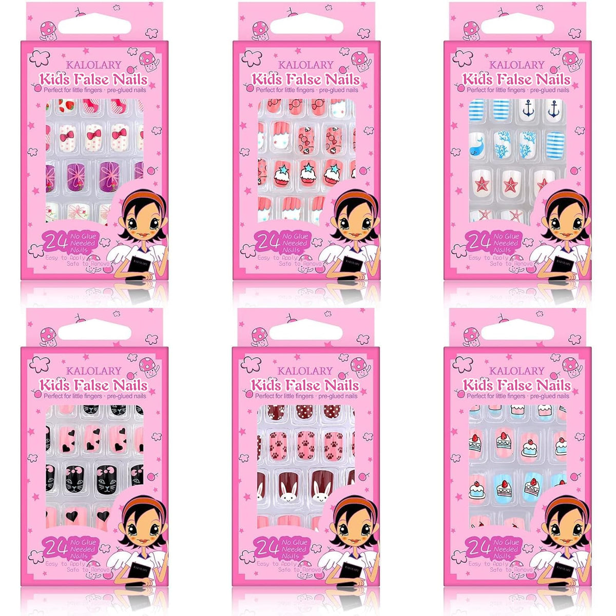 Kalolary 144pcs kids false nails collection shows bright colors for playful nail art.