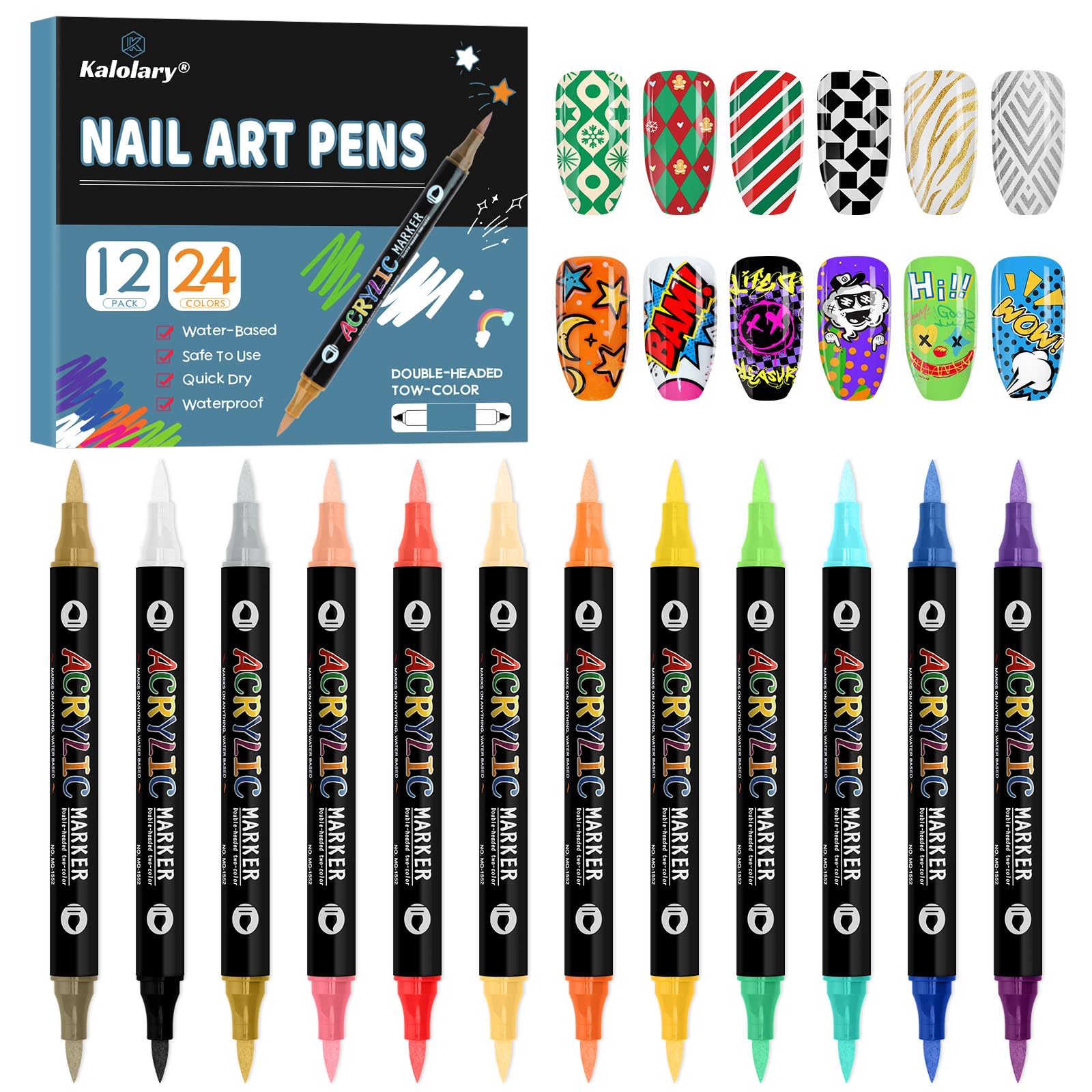 Kalolary 24-color nail-art pens front view showing vibrant pigments for DIY manicures