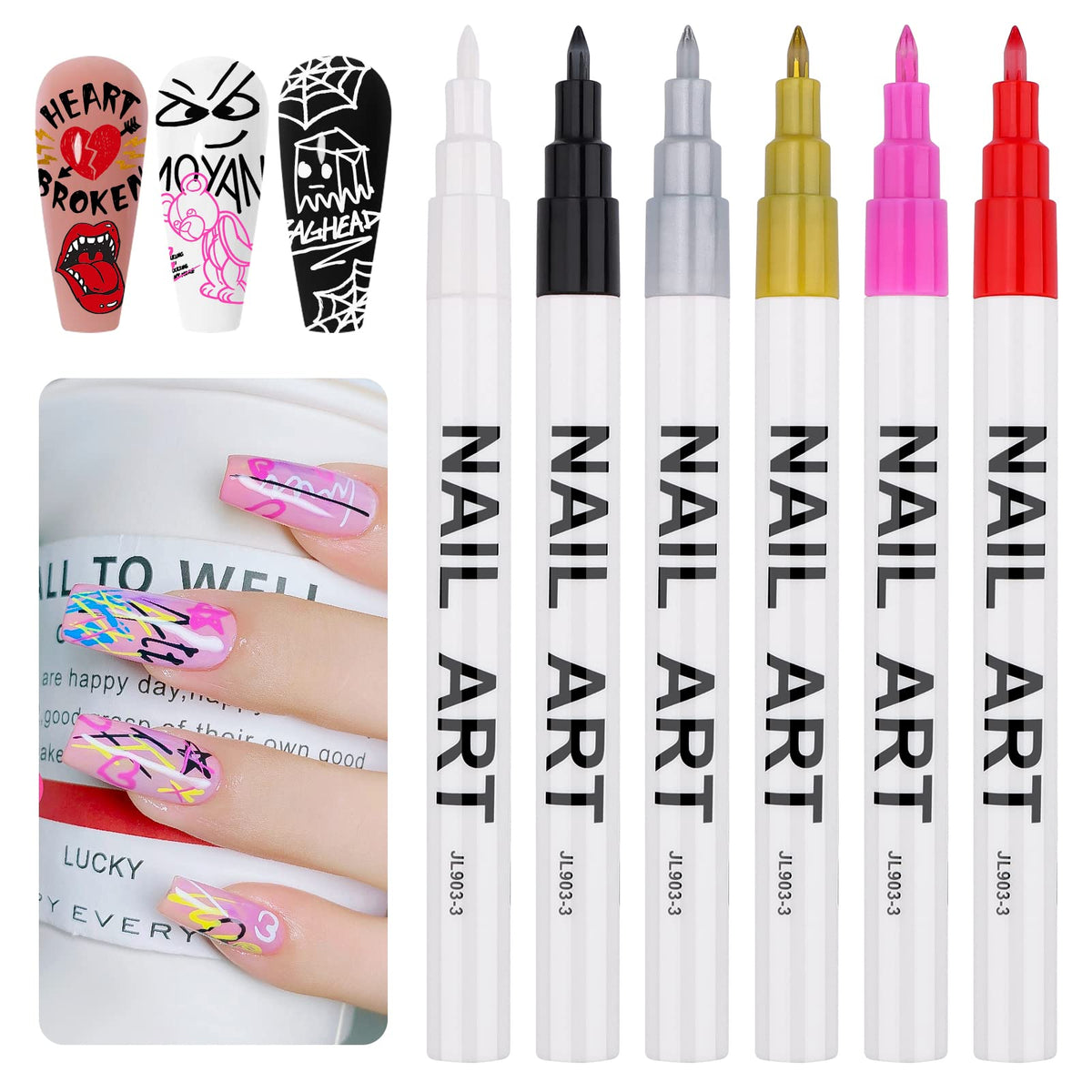 Kalolary 6-color nail art pens set front view for DIY designs