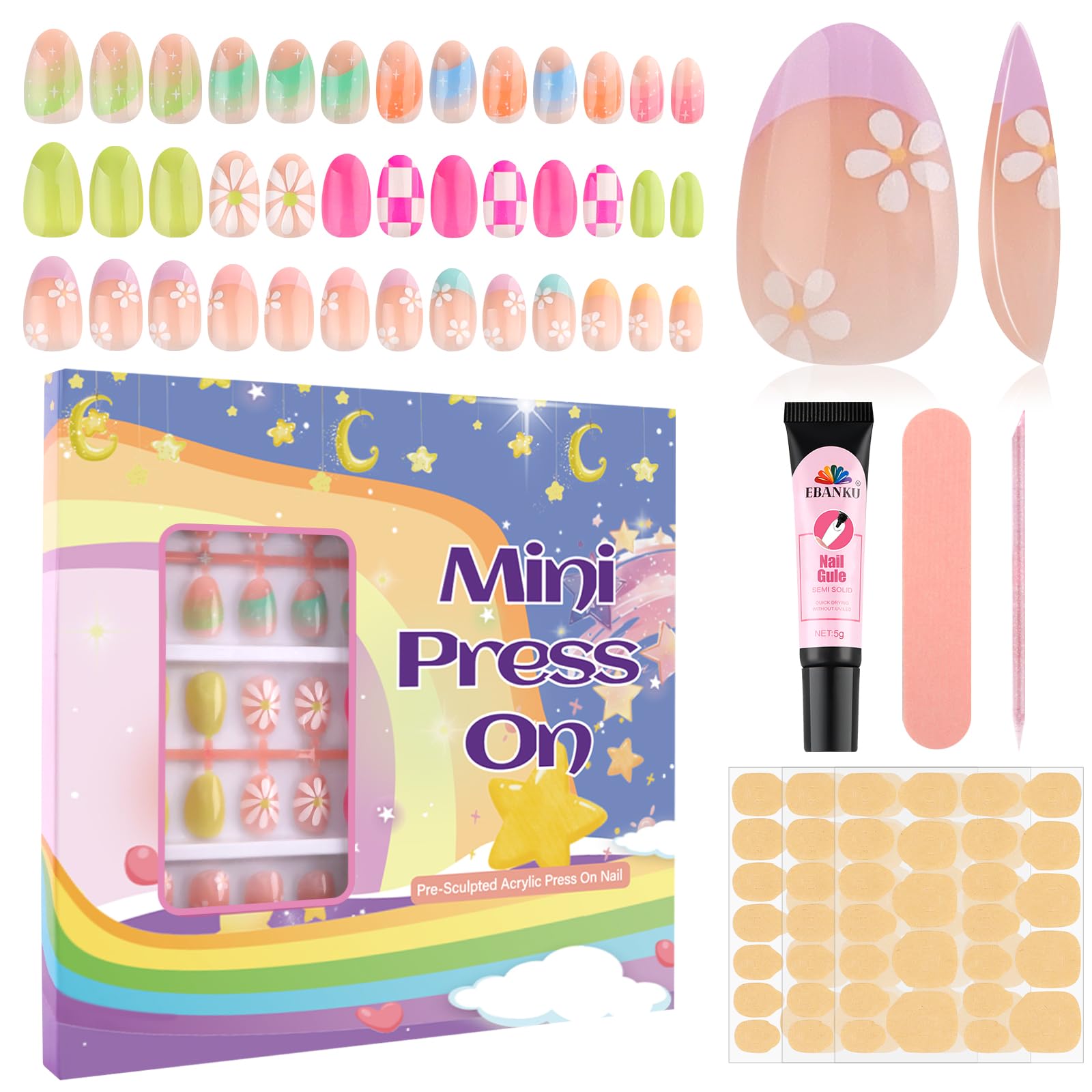 Kalolary 78 Pcs press-on nails kit shows vibrant colors for quick DIY nail art.