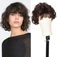 Kalyss dark brown short curly wig with bangs highlights effortless styling for any occasion