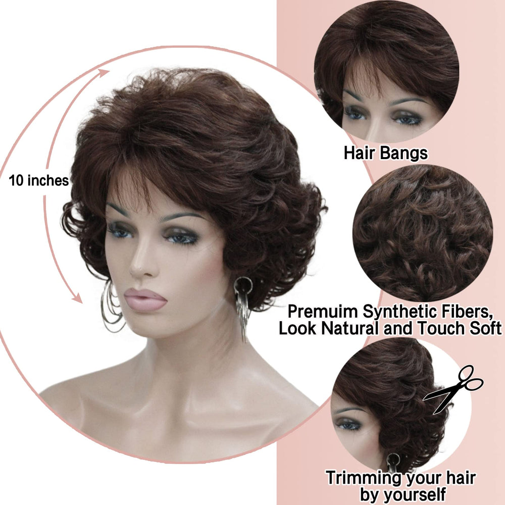 Kalyss dark brown short wavy wig with bangs demonstrates ready-to-wear convenience and movement