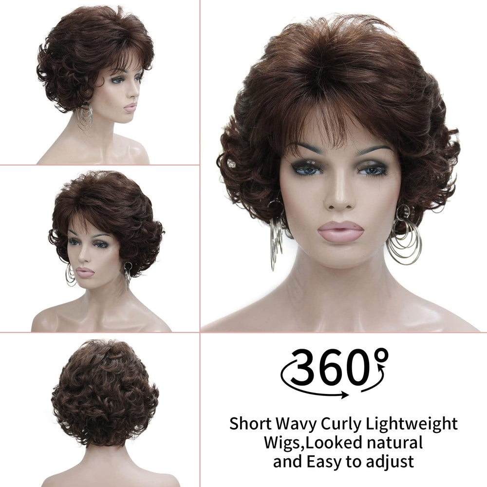 Kalyss dark brown short wig detail highlights premium synthetic fiber quality