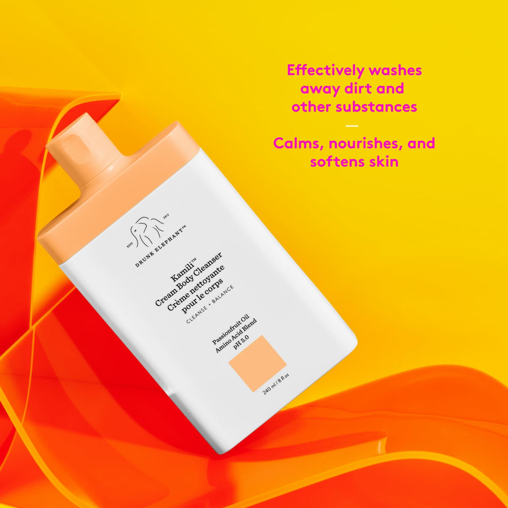 Kamili Cream Body Cleanser gentle-cleanse illustration emphasizes pH-friendly formula and skin barrier support.