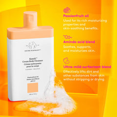 Kamili Cream Body Cleanser splash application highlights plant oils that replenish and soothe skin.