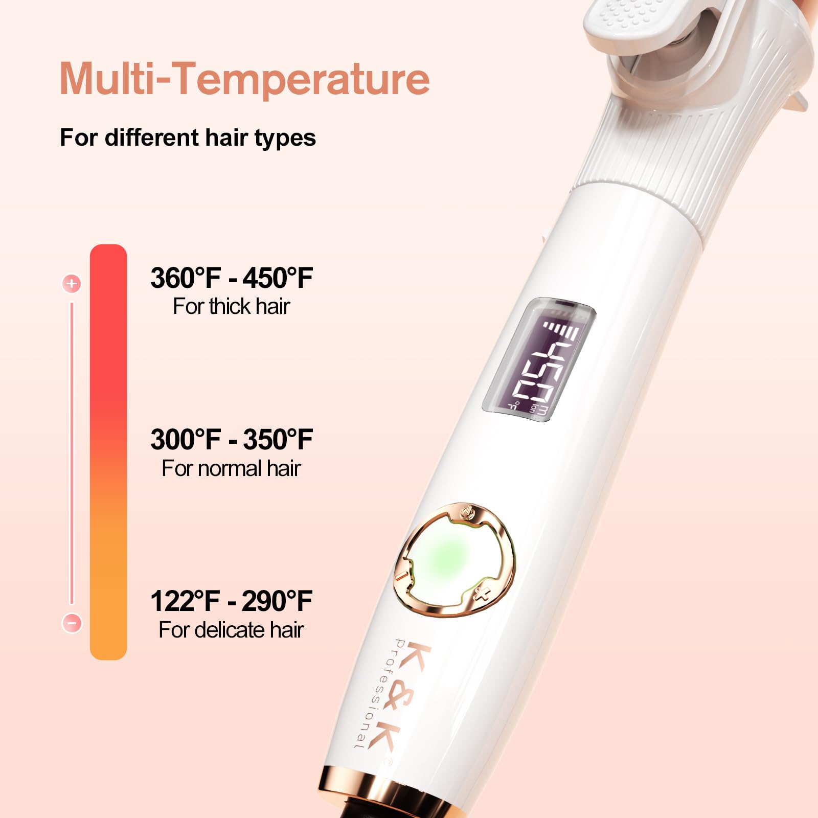 K&K Long Barrel Styler ergonomic handle enables comfortable, controlled styling sessions.