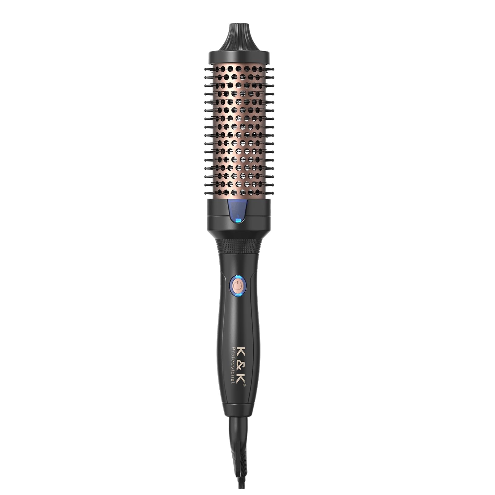 K&K Heated Curling Brush 1.5-inch barrel closeup for smooth, frizz-free curls.