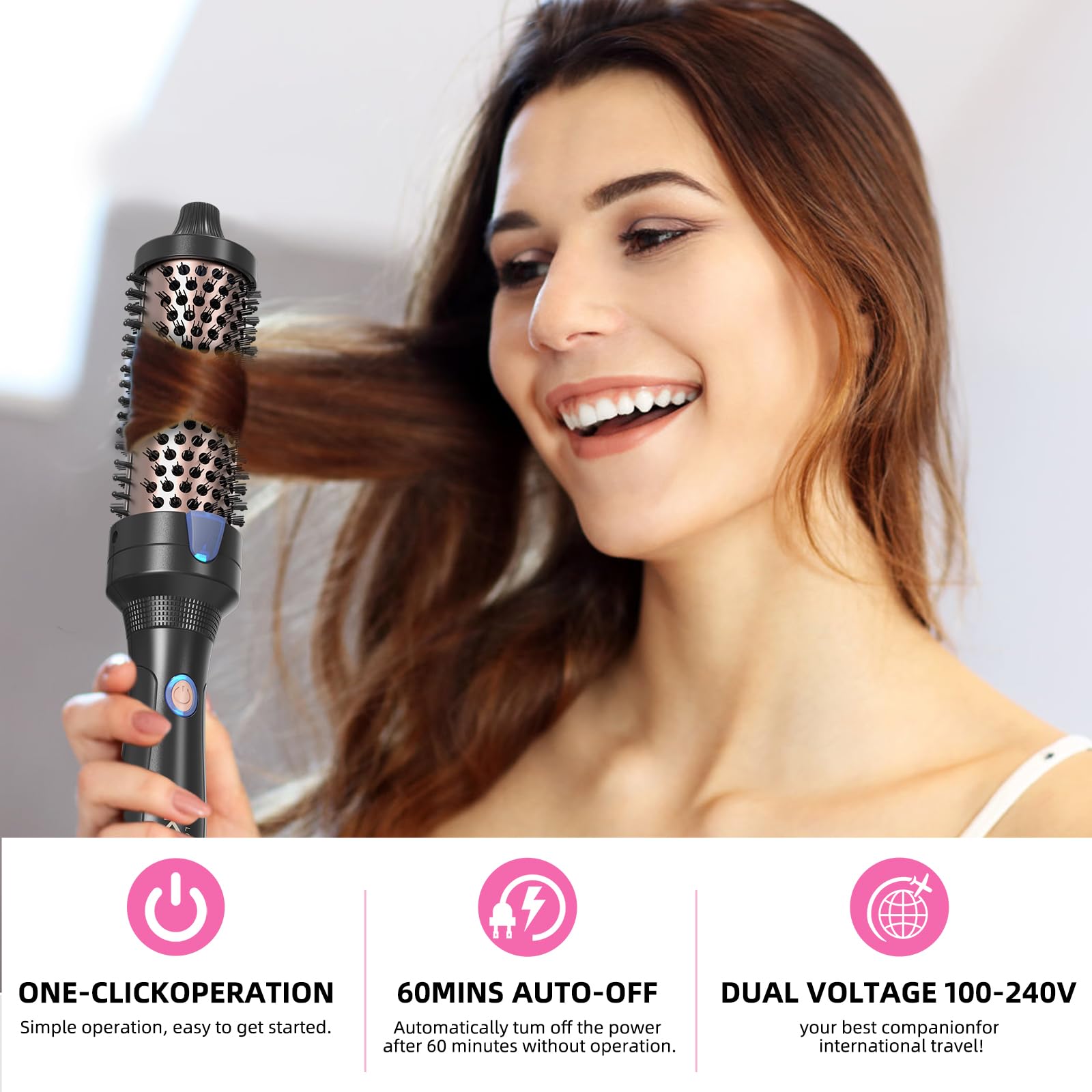 K&K heated curling brush after styling showcasing voluminous blowout look.