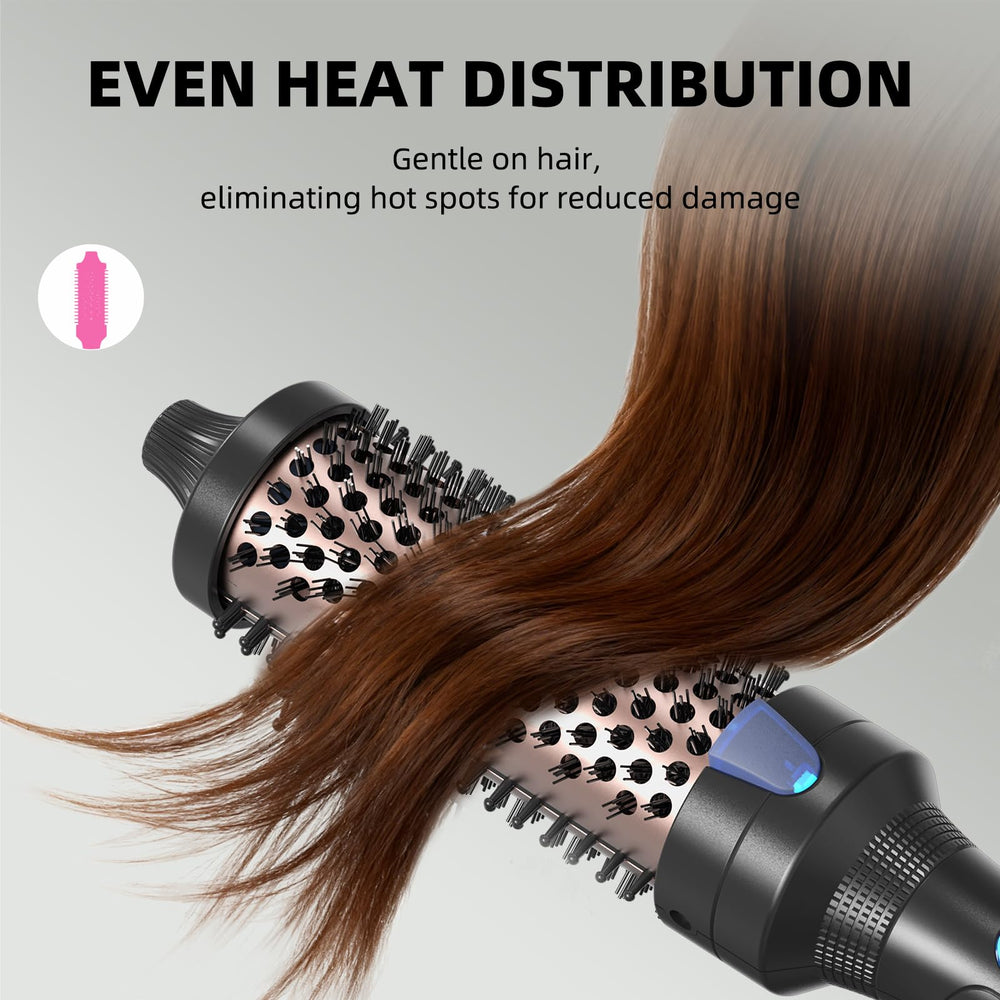 K&K heated brush showing worldwide voltage compatibility for travel styling.