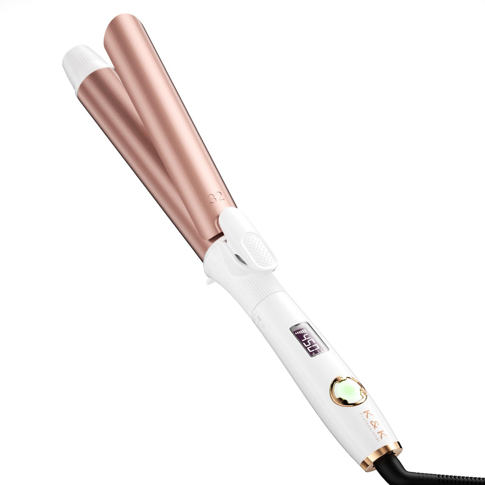 K&K Long Barrel Styler close-up shows glossy curls with salon-quality results at home.
