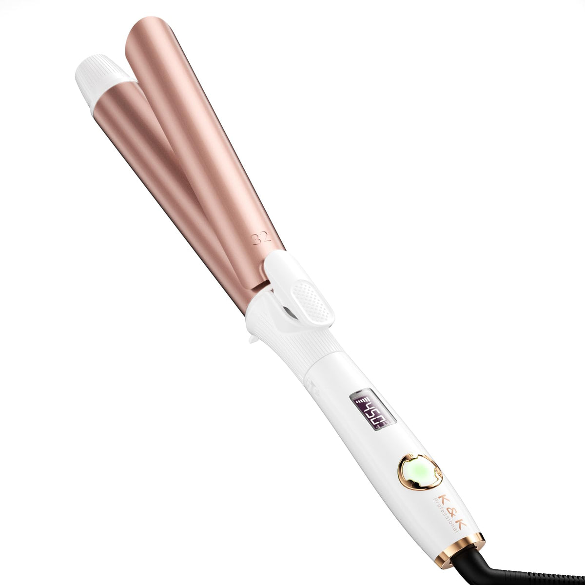 K&K Long Barrel Styler close-up shows glossy curls with salon-quality results at home.